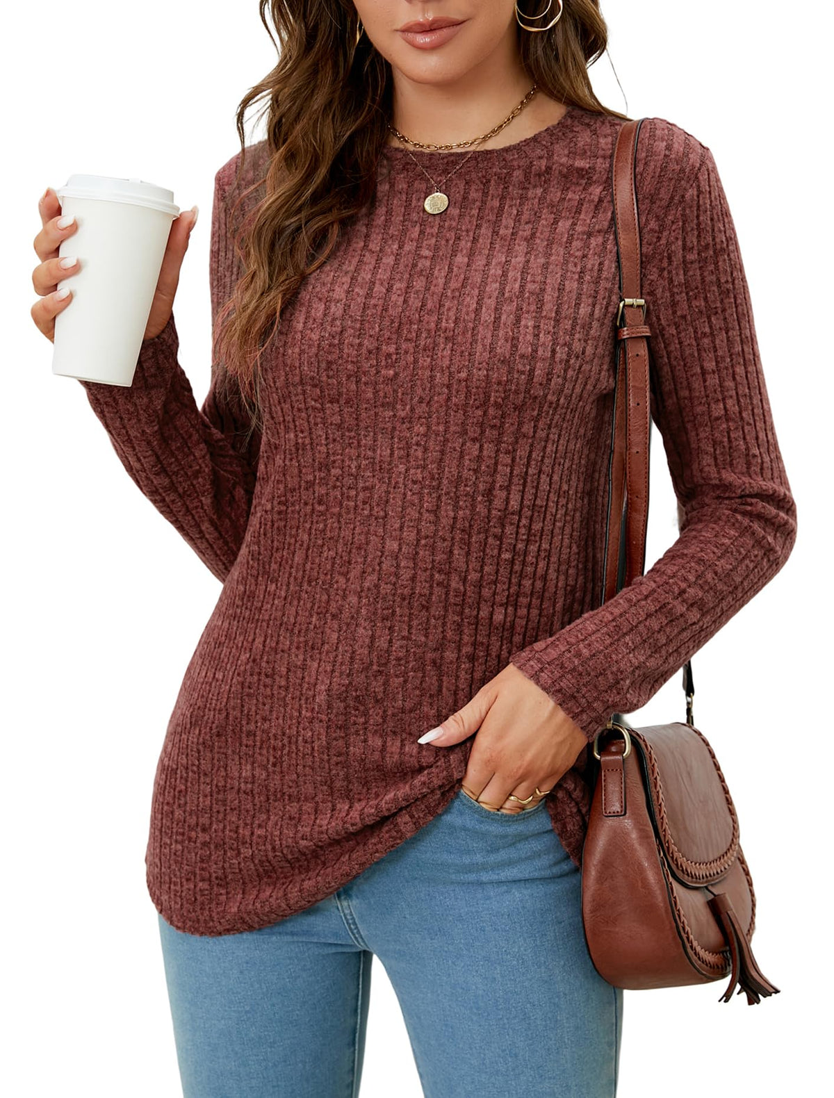 Newchoice Crewneck Sweater Women Pullover Long Sleeve Lightweight Fall Sweater Orange Tops (XLCaramel)