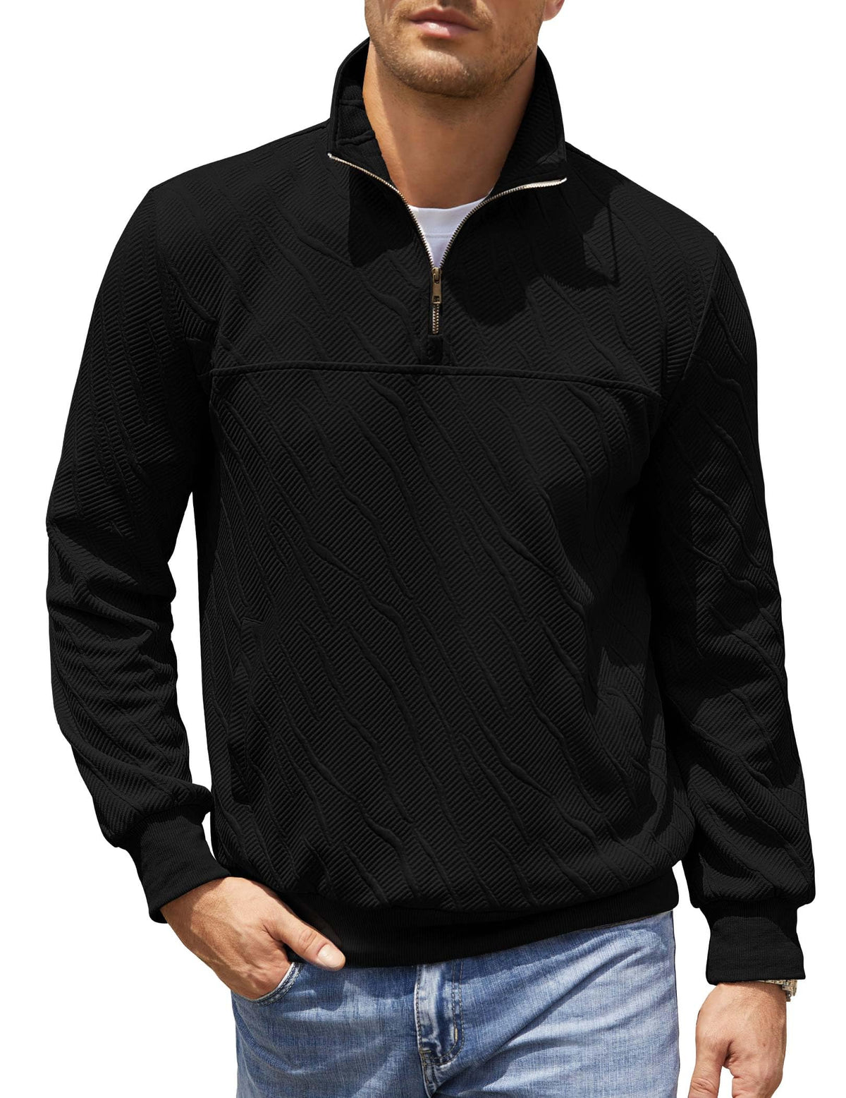 3rd hill Mens Quarter Zip Pullover Texture Knit Sweatshirts Long Sleeve Mock Neck Sweater with Pocket Black XL