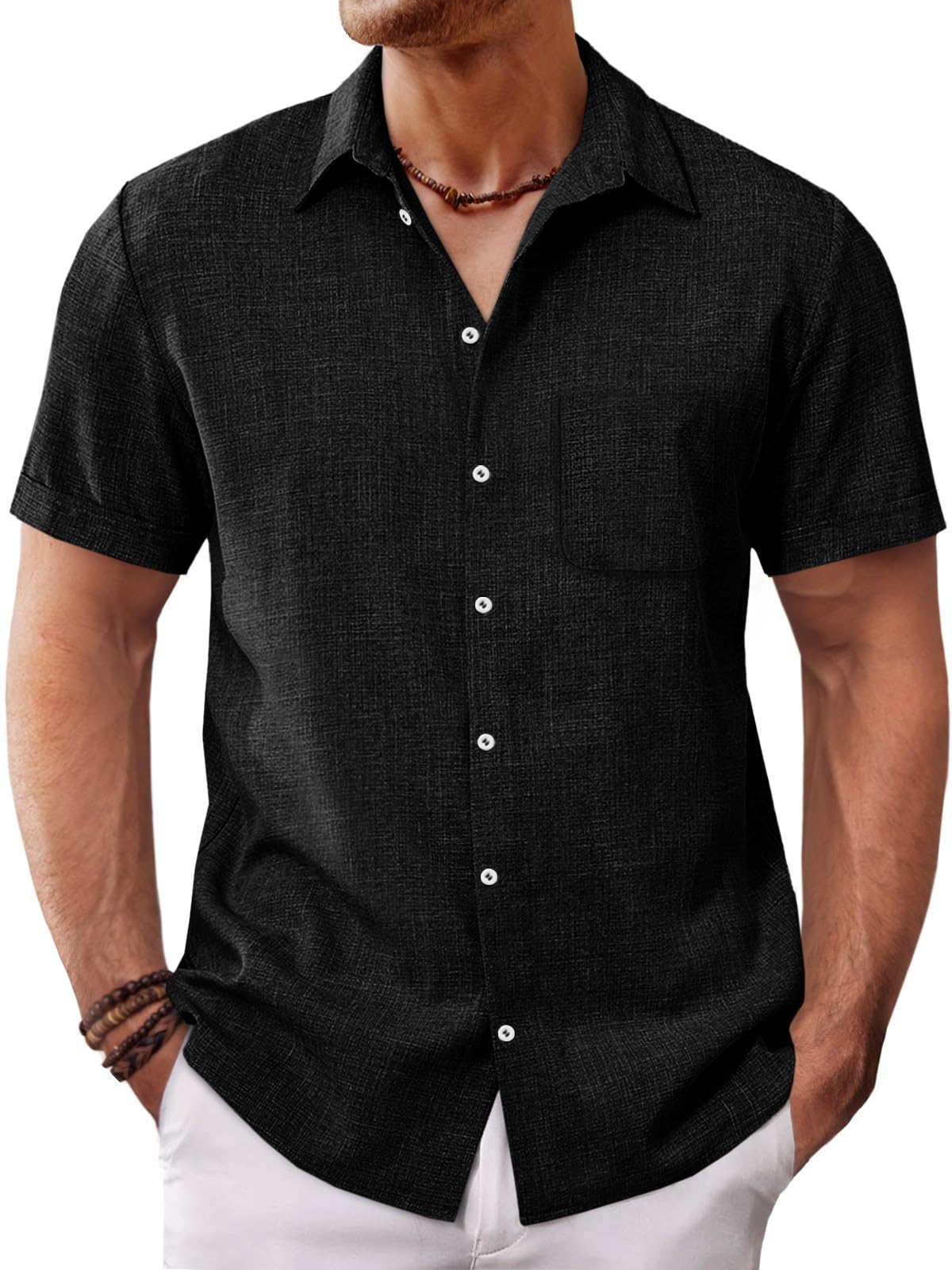 Runcati Mens Button Down Linen Shirt Short Sleeve Casual Summer Beach Wedding Tops Black