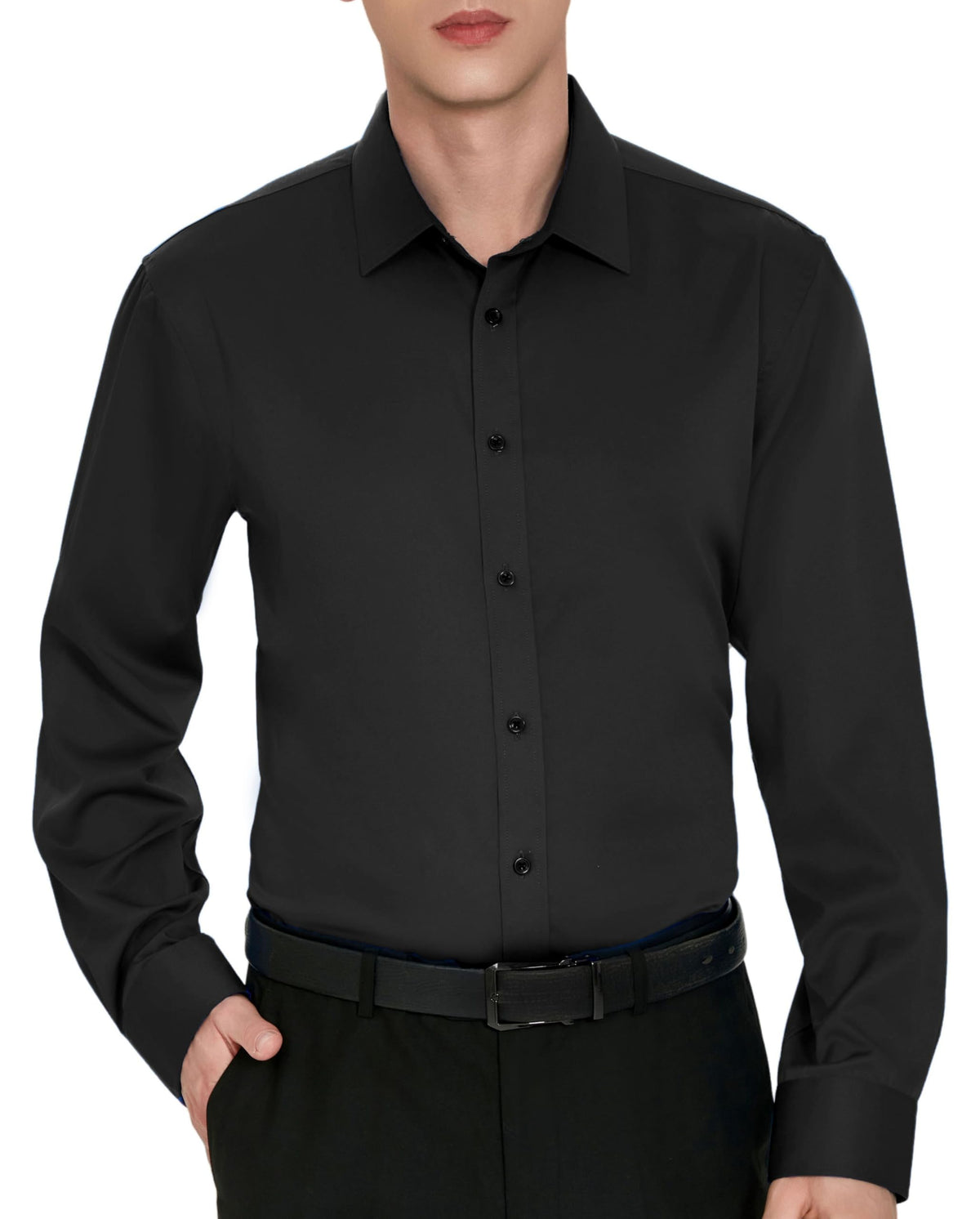 UESAN Mens Wrinkle-Free Dress Shirts Long Sleeve Stretch Button Down Shirt Regular Fit Silky Sheen Looking Casual Shirt for Wedding Party Dating Black M