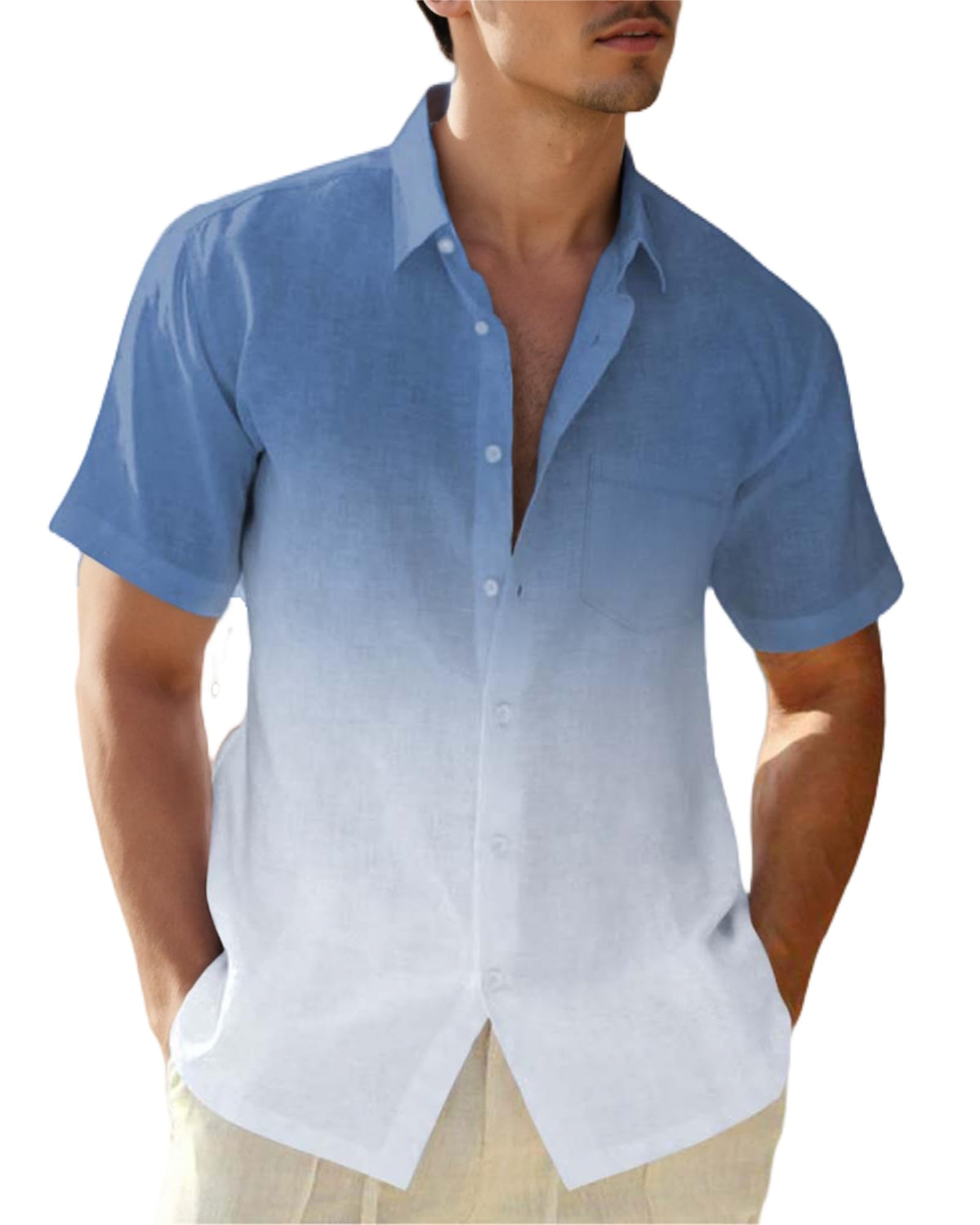 BLYLUXU Mens Gradient Linen Shirts Short Sleeve Button Down Shirt Hawaiian Summer Beach Casual T Shirts Navy Blue