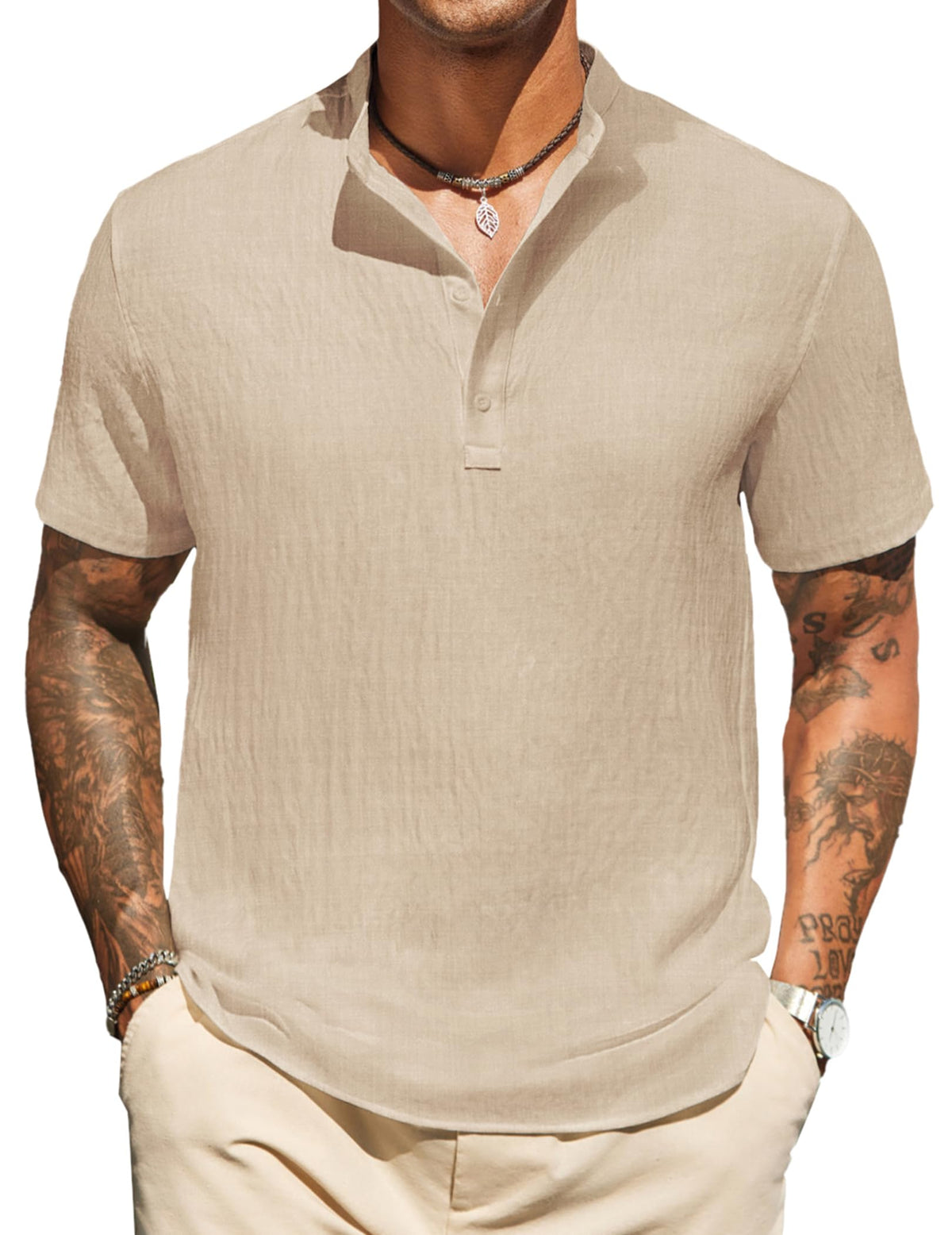 COOFANDY Mens Henley Shirt Short Sleeve Casual Band Collar Linen Shirt Summer Beach Hippie T-Shirts Light Khaki