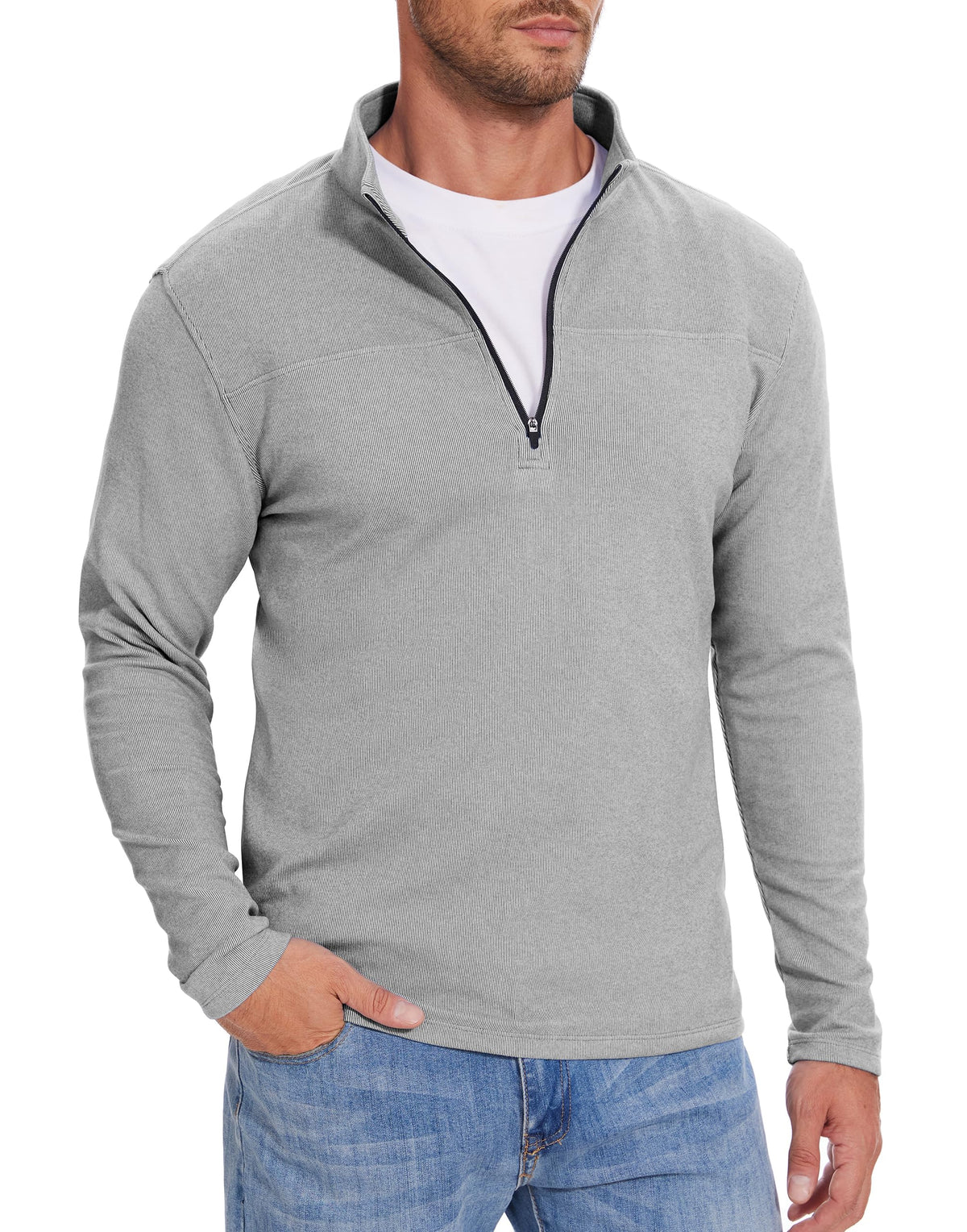 M MOTEEPI Mens Fleece Quarter Zip Up Pullover Sweater Slim Fit Lightweight Mock Neck Long Sleeve Sweaters For Men Grey
