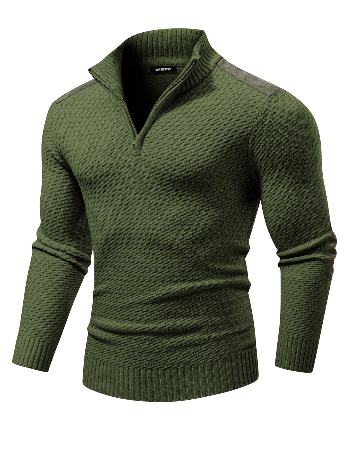 JMIERR Mens Quarter Zip Sweater Mock Neck Casual Long Sleeve Cable Knitted Pullover Sweaters with Suede Patchwork US 38(S) Jungle Green