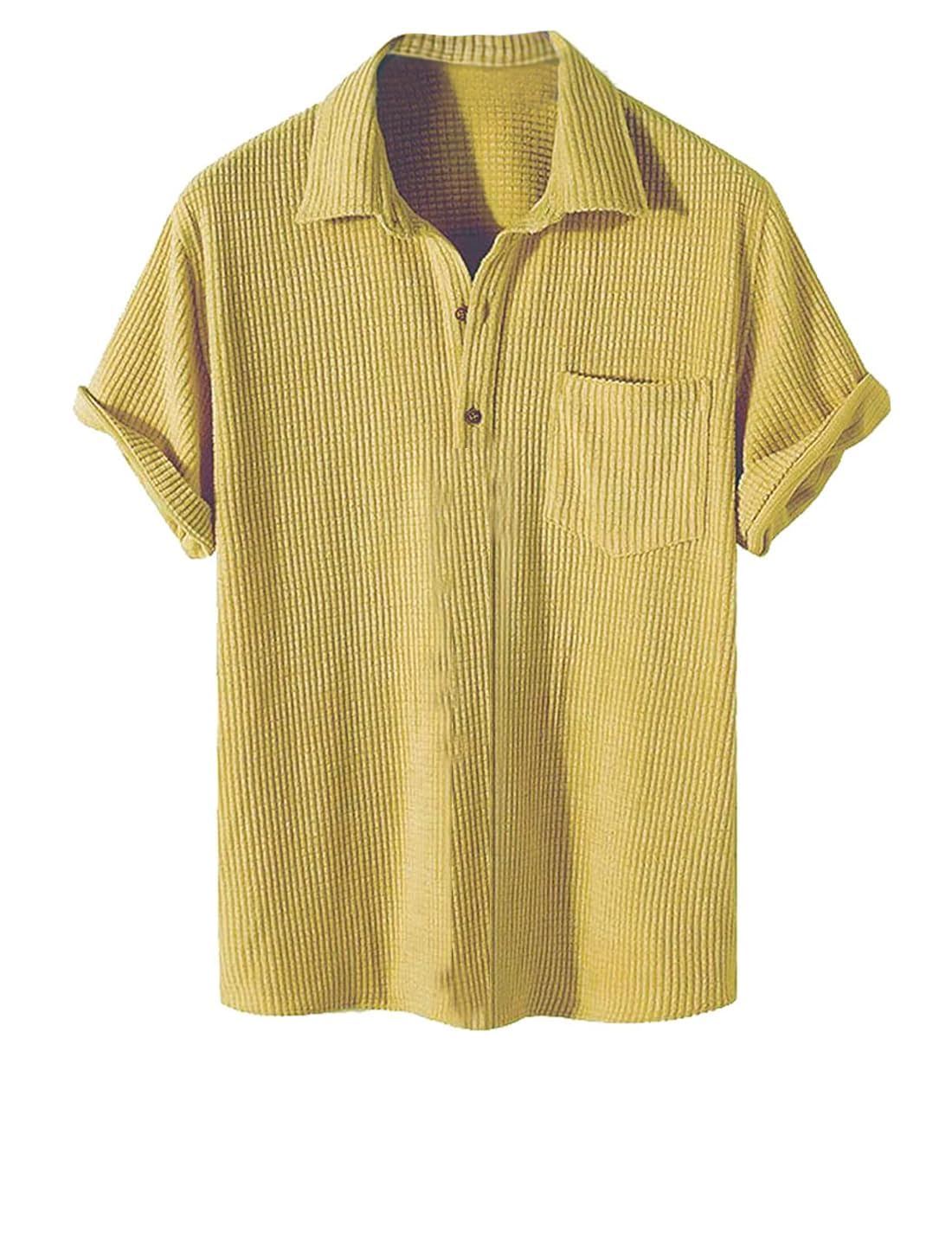 PAODIKUAI Mens Retro Short Sleeve Corduroy Shirt Casual Button Down Shirts (A-Polo-Yellow Large)