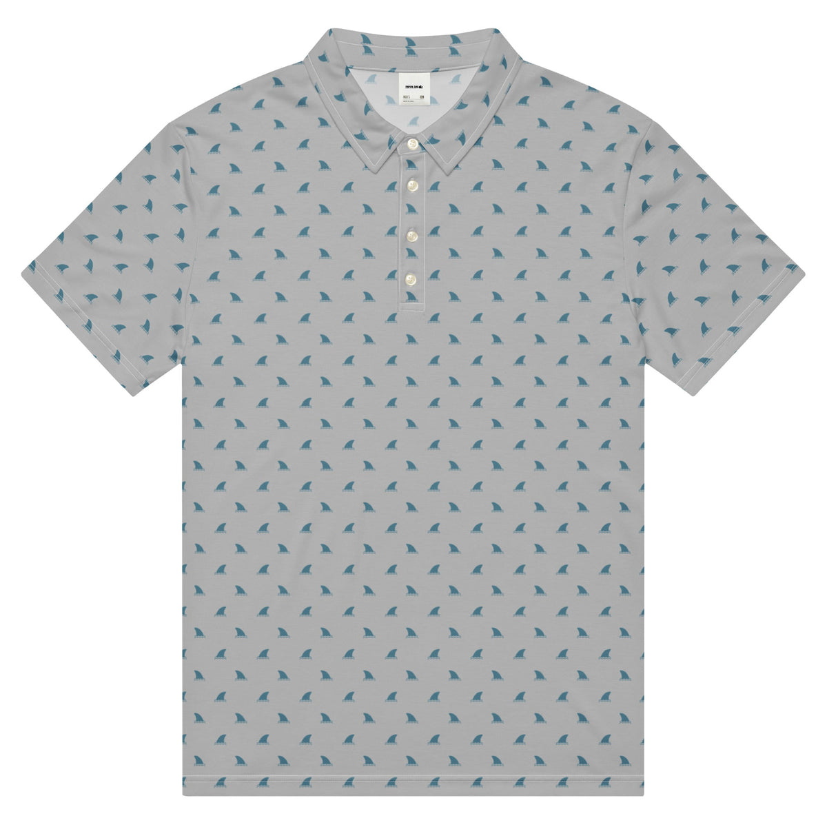 Gray polo shirt with small blue pattern on a white background