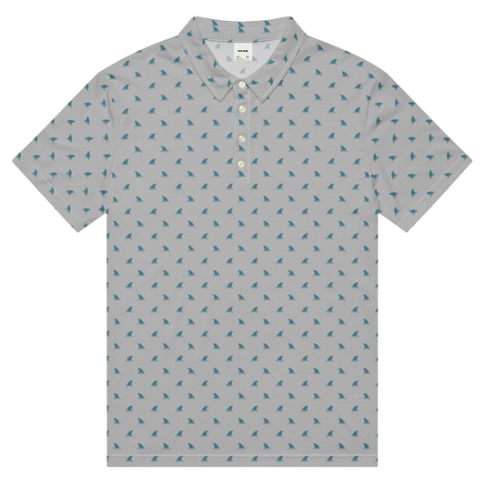 Gray polo shirt with small blue pattern on a white background