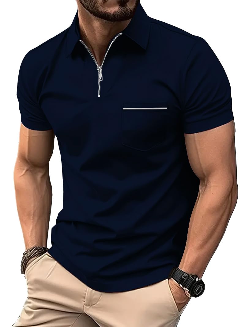 ZITY Mens Pique Short Sleeve Polo Shirt Breathable Performance Moisture Wicking Casual Collared ShirtsNavy X-Large
