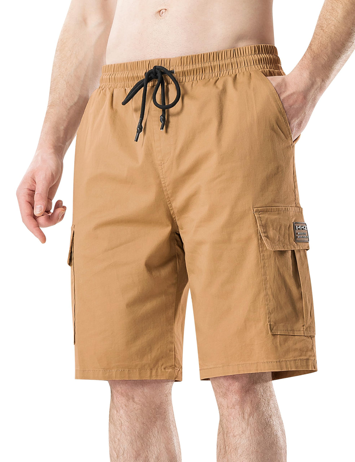 HHZ Drawstring Cargo Shorts for Mens Cotton Stretch Relaxed Fit with 6 Pockets Casual Work Hiking Summer Beach Short Man Twill Chino Shorts Khaki 2# 2X-Large