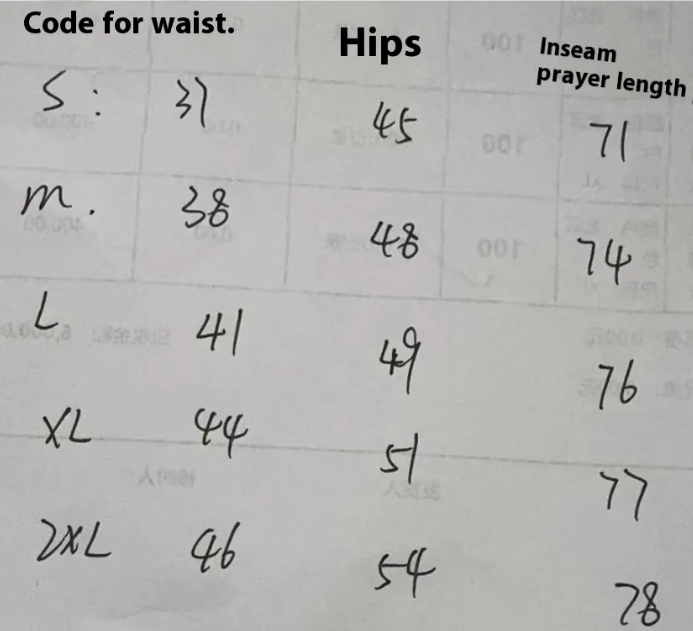 Golf jogger pants size chart with waist and hip measurements
