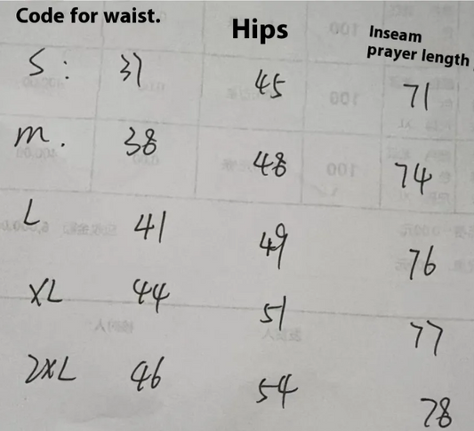 Golf jogger pants size chart with waist and hip measurements