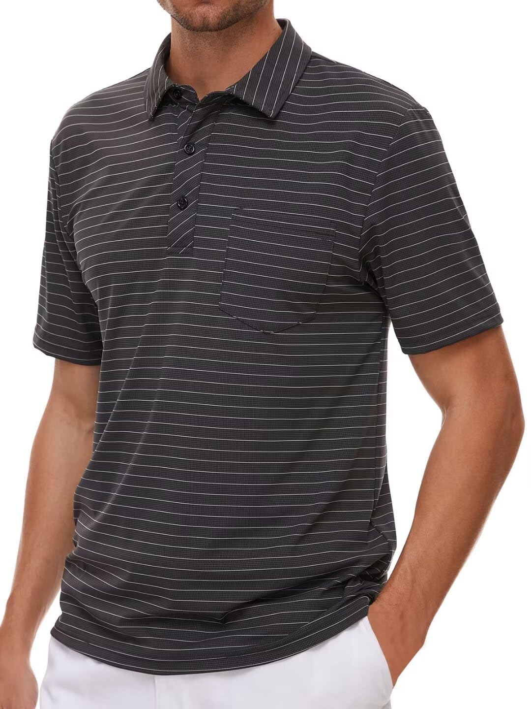 Pdbokew Mens Polo Shirts Short Sleeve Striped Golf Polo Shirt with Pocket Dark Grey 2XL