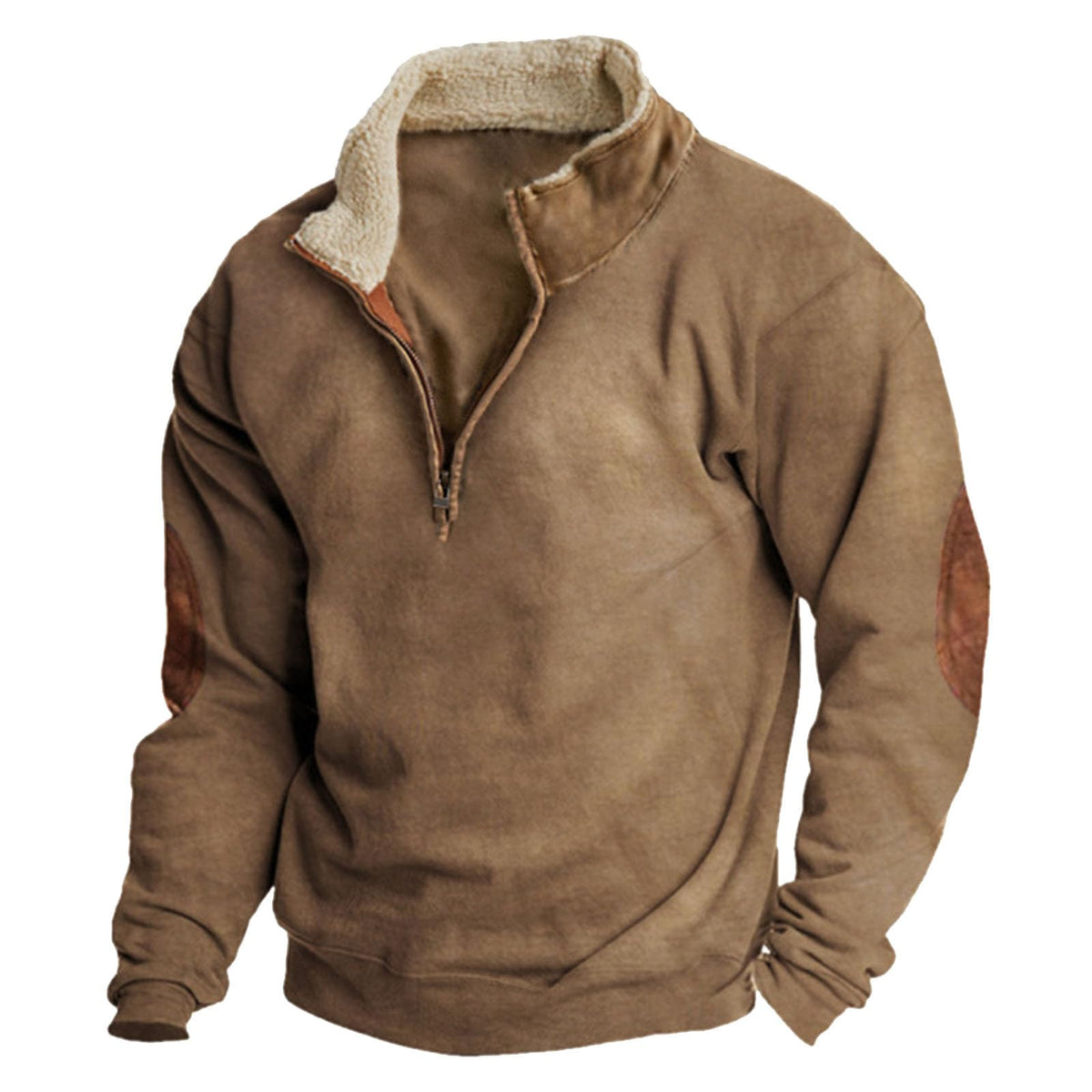 Mens Quarter Zip Sherpa Pullover with Elbow Patches Long Sleeve Polo Sweater Fleece Sweatshirts Tactical Shirt Tops Brown