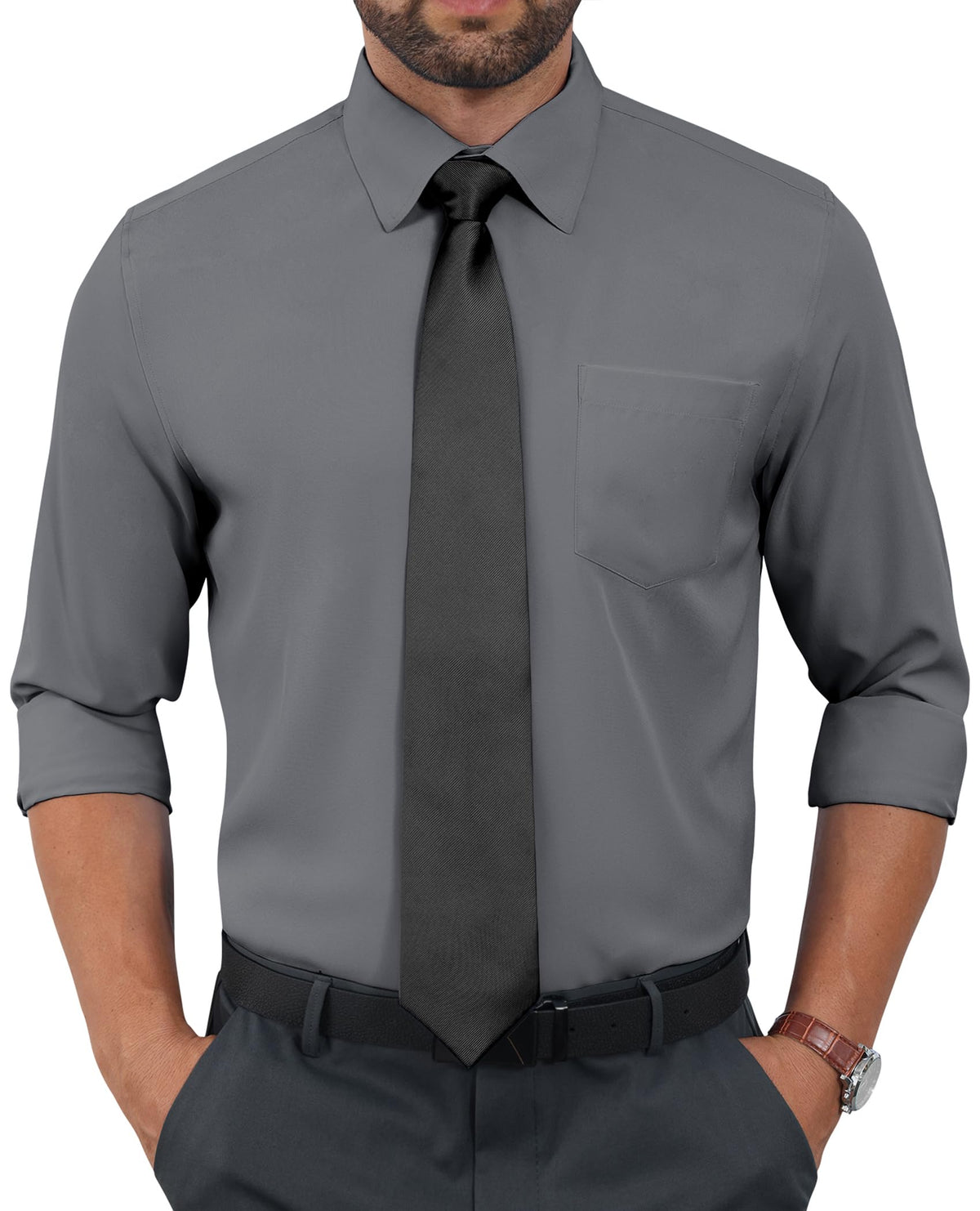 Incfott Stretch Dress Shirt Mens Long Sleeve Business Button Down Shirts for Men Flex Fitted Wedding Cotton Wrinkle Free Dark Grey
