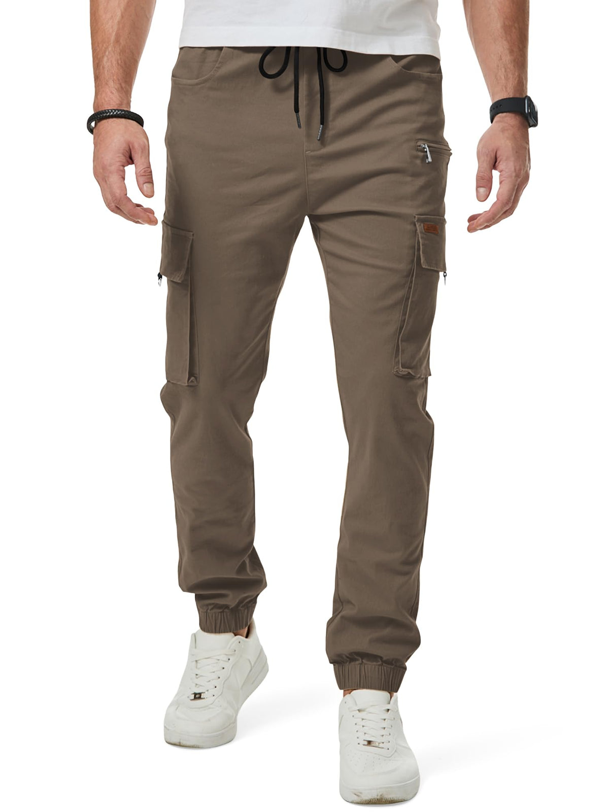 JMIERR Mens Cargo Pants Drawstring Stretch Waist Twill Joggers Trousers with Zip Pockets and Elastic Cuffs 2XL Earth Brown