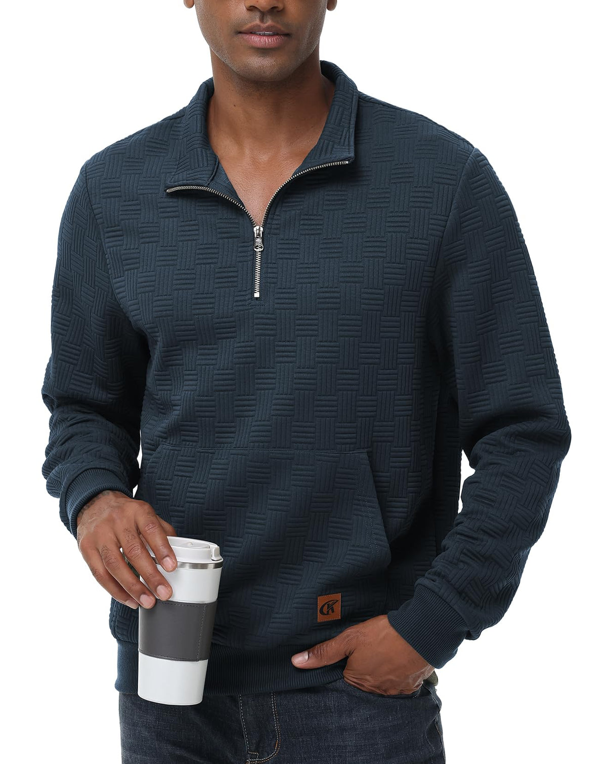 YuKaiChen Mens Long-Sleeve Quarter-Zip Casual Sweatshirt Square Pattern Pullover With Kanga Pocket Stone Blue 2XL