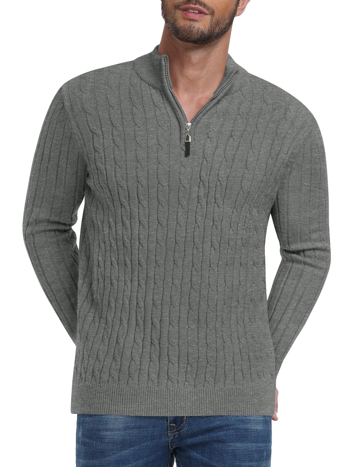 Pluslook Mens Quarter Zip Sweater Slim Fit Thick Mock Neck Pullover Casual Polo Sweaters M Flower Grey