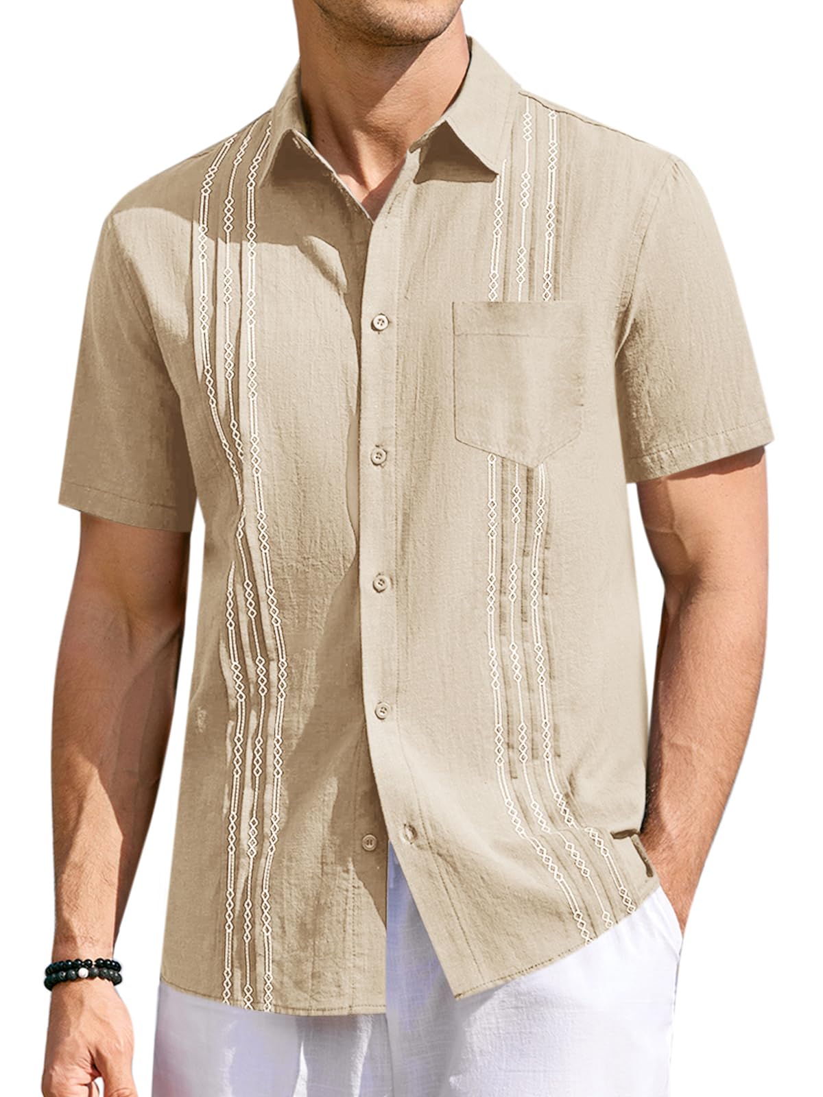 Runcati Mens Linen Shirt Guayabera Cuban Short Sleeve Button Down Summer Beach Hippie Shirts Beige